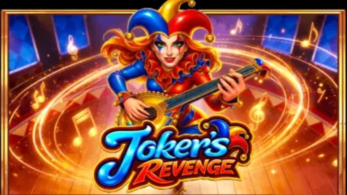 Interface do jogo de slot Joker's Revenge com elementos temáticos de arlequim