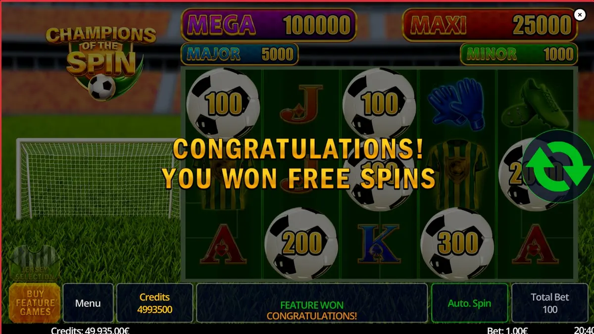 Interface do slot Champion of The Spin com tema de futebol