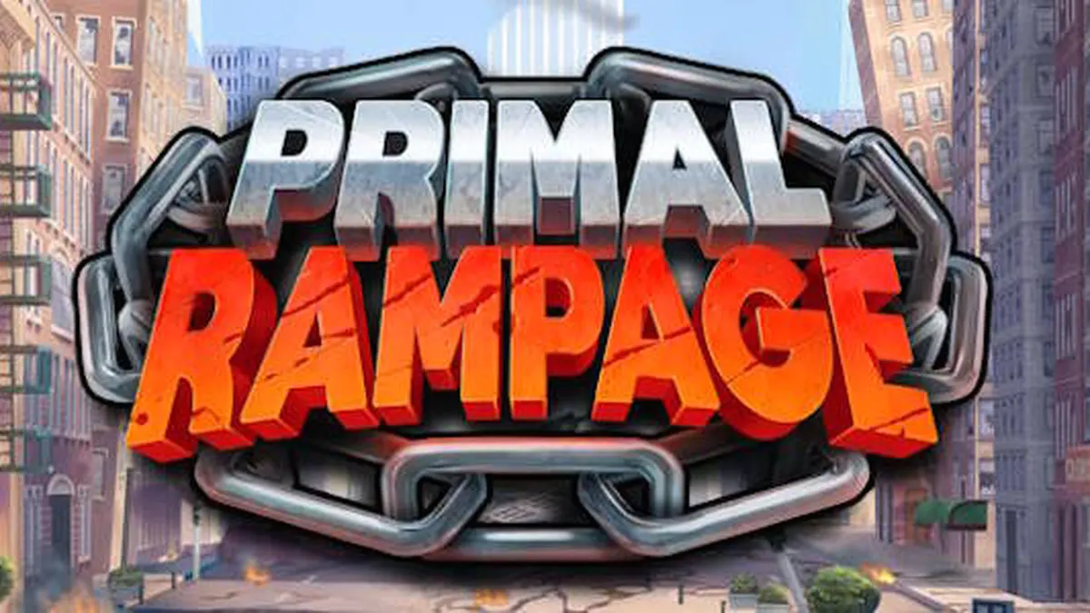 Cenário sombrio e selvagem do jogo de slot Primal Rampage com o guardião Korrak ao fundo.