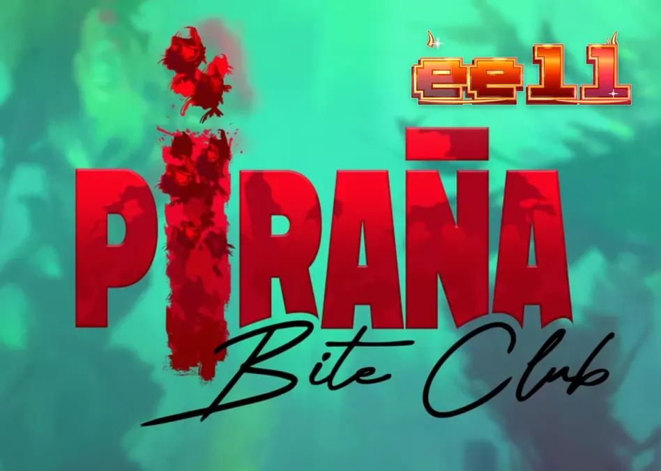 Cenário tropical vibrante com elementos de arte retrô e piranhas estilizadas no Piranha Bite Club
